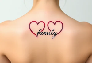 Colorful heart-shaped infinity loop endings, and the word "family" elegantly placed at the center in a soft script tattoo idea