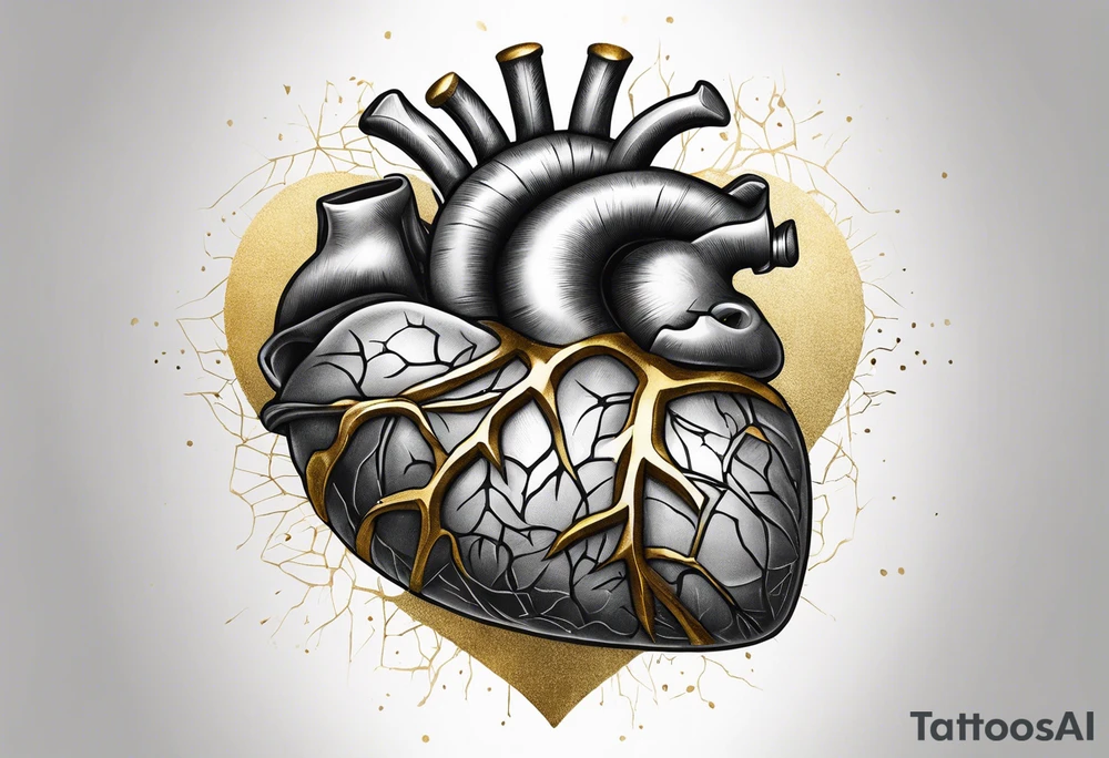 Grey anatomical heart with gold sealed cracks tattoo idea