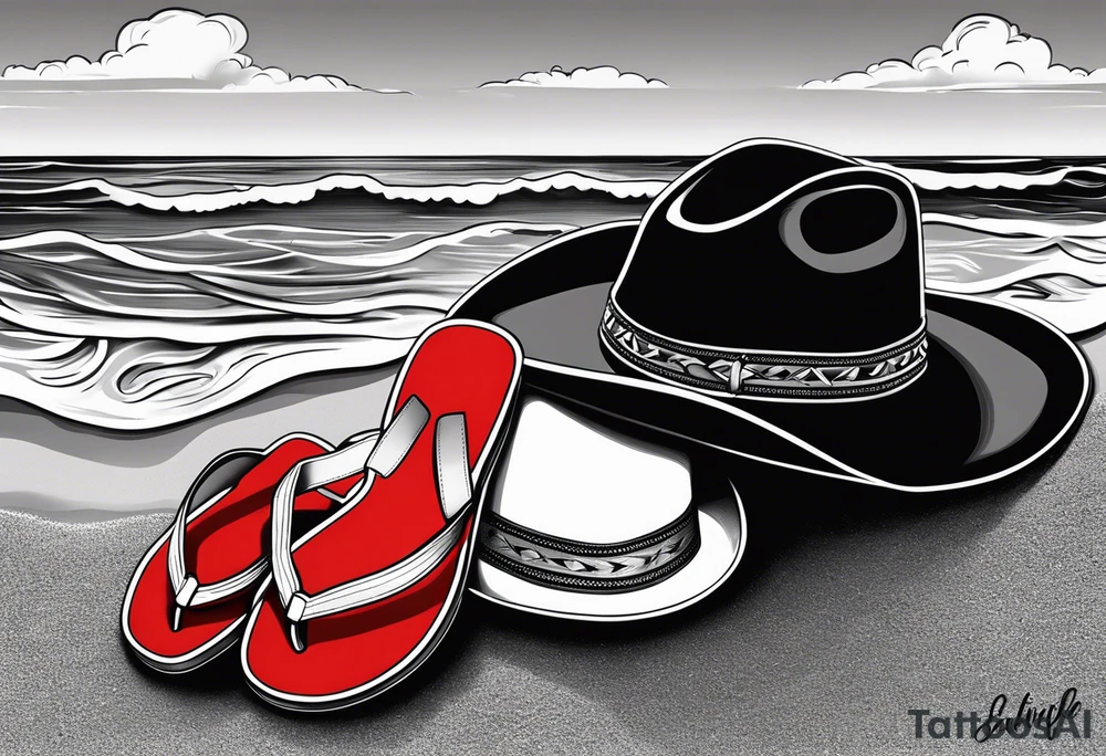 Keep it simple. A pair of red Wing boots next to two flip flops and a cowboyhat on the Beach. tattoo idea