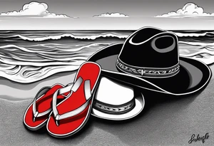 Keep it simple. A pair of red Wing boots next to two flip flops and a cowboyhat on the Beach. tattoo idea