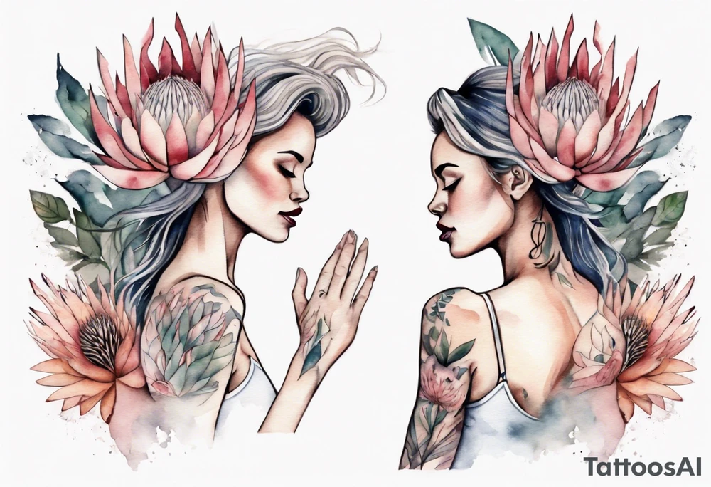 Very feminine tattoo with a woman dancing in a wind of protea flowers tattoo idea
