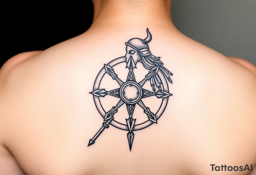 Viking Shield maiden, black work, intricate lines, realistic tattoo idea
