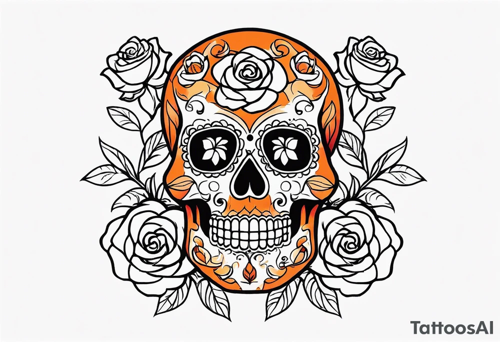 Orange Sugar skull with roses that are orange and red with smoke around it tattoo idea