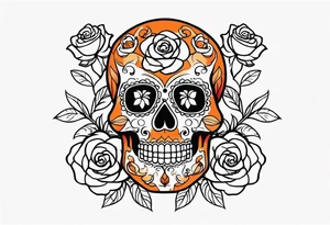 Orange Sugar skull with roses that are orange and red with smoke around it tattoo idea
