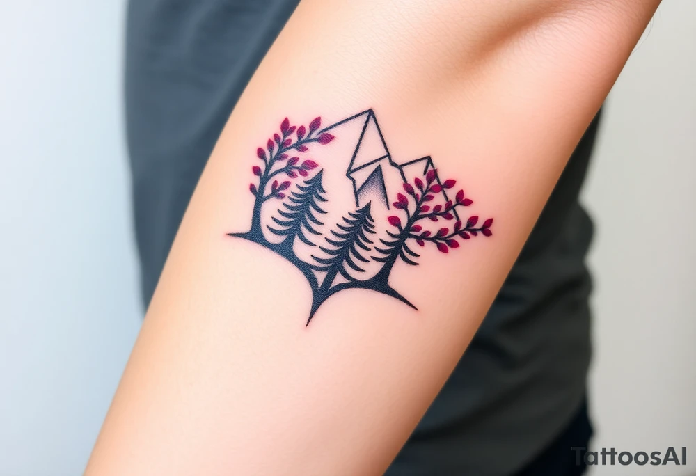 Lower forearm, trees with mountains in background, leaves on the trees are pink, purple, teal, red tattoo idea