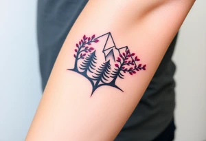 Lower forearm, trees with mountains in background, leaves on the trees are pink, purple, teal, red tattoo idea