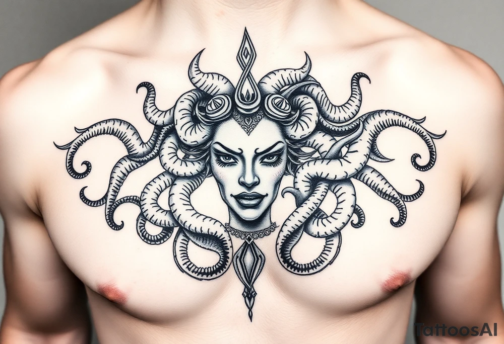 A Beautiful feminine sexy Medusa chest peice Black and white with shading tattoo idea