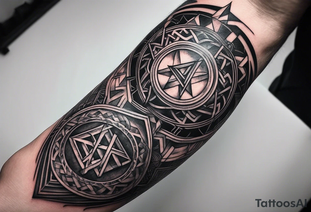 forearm tattoo. Viking letters on fingers, viking rune on wrist, up to forearm odin and crow tattoo idea