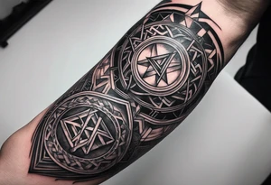 forearm tattoo. Viking letters on fingers, viking rune on wrist, up to forearm odin and crow tattoo idea