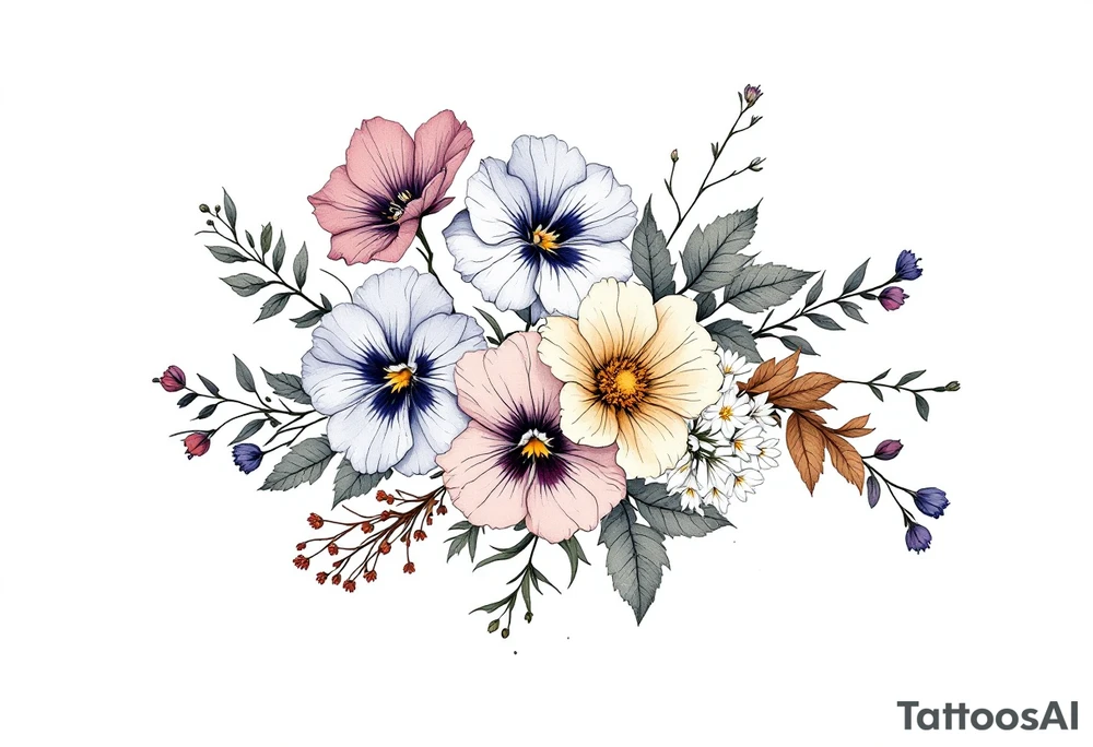 Beautiful Bouquet made up of Heather, pansy, oak, queen Anne’s lace, and honeysuckle. tattoo idea