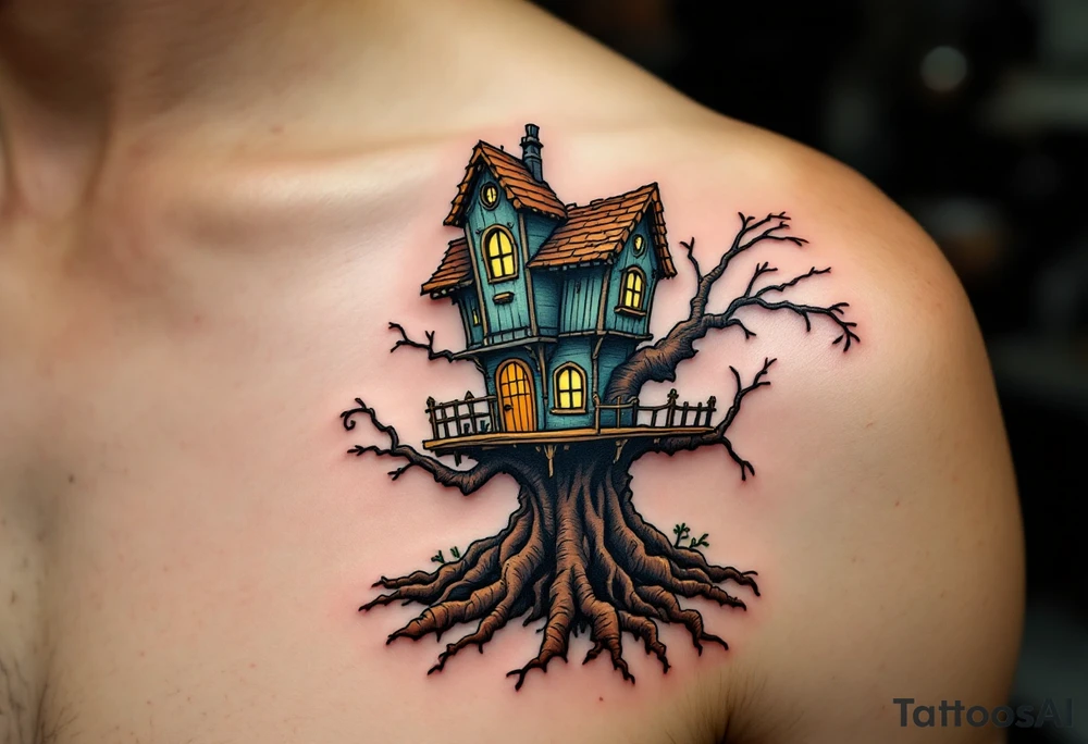 Tim Burton’s gothic treehouse perches awkwardly on twisted roots, shaded in brown, charcoal, and faded teal. tattoo idea