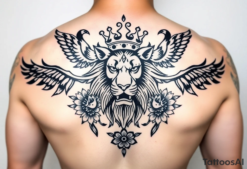 powerful majestic lion with a crown, surrounded by floral ornaments and birds tattoo idea