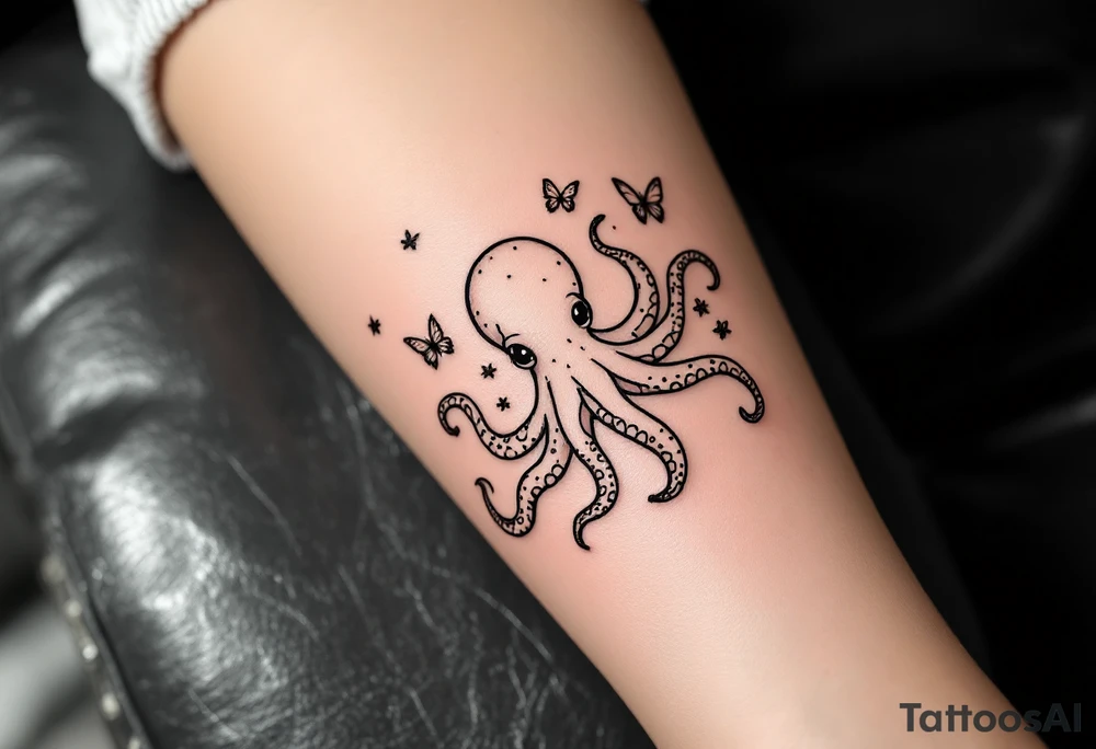 cute small octopus, surrounded by butterflies and oceanic items, brown ink tattoo idea