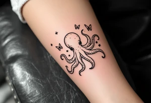 cute small octopus, surrounded by butterflies and oceanic items, brown ink tattoo idea