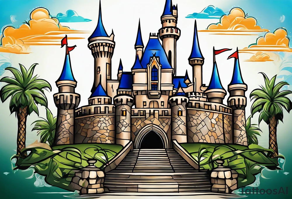 disney world castle with mickey mouse holding a knife in one hand and a stick in the other hand with palm trees and the celtic symbol for family tattoo idea