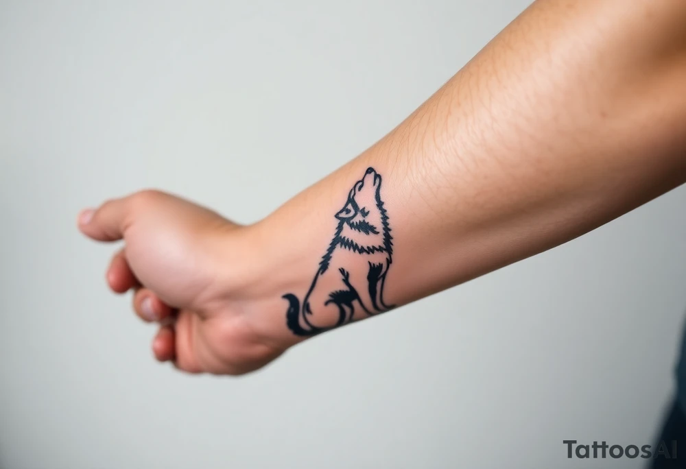lone wolf howling at full moon with northern lights backdrop tattoo idea