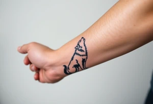 lone wolf howling at full moon with northern lights backdrop tattoo idea