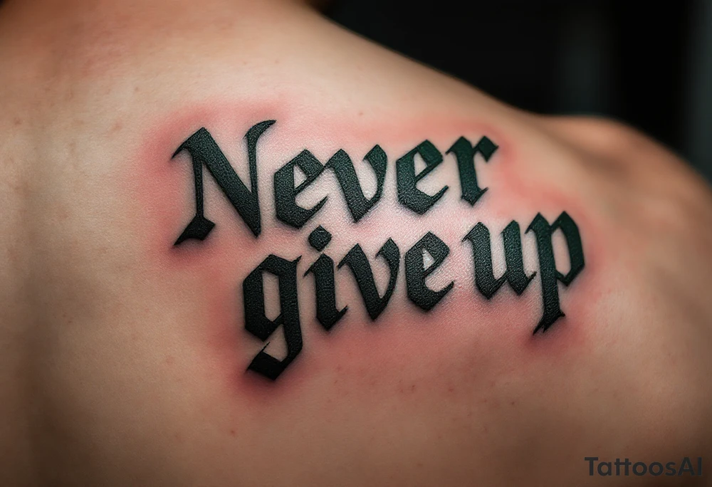 "Never give up" in military stencil font, in olive green with dog tags hanging from one letter. tattoo idea