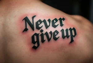 "Never give up" in military stencil font, in olive green with dog tags hanging from one letter. tattoo idea
