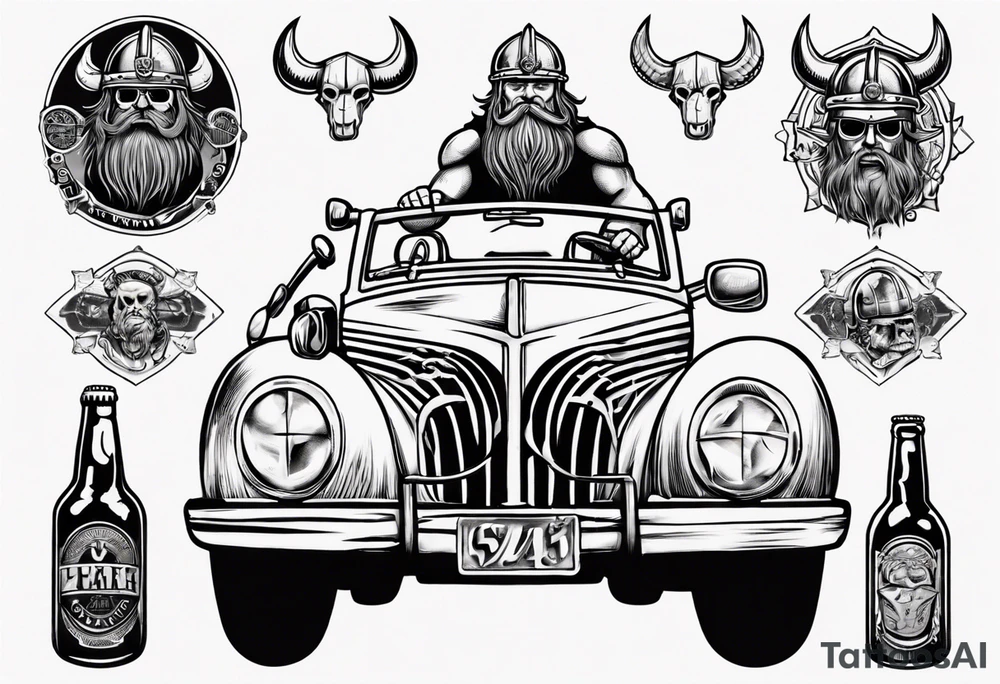 A Viking driving a vintage car holding a beer tattoo idea
