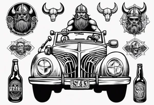 A Viking driving a vintage car holding a beer tattoo idea