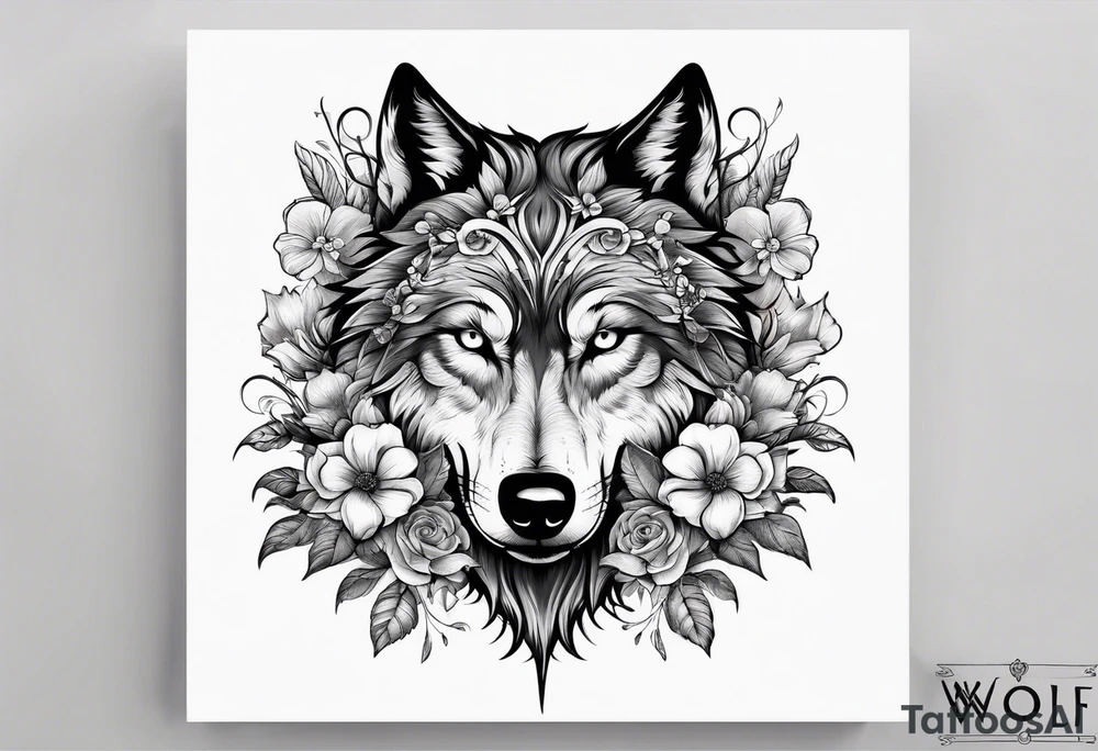 Wolf head half skull with flowers around tattoo idea