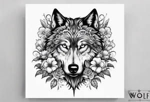 Wolf head half skull with flowers around tattoo idea