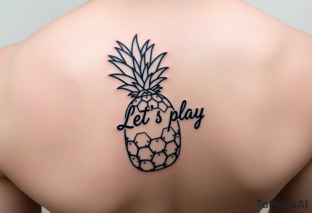 A black ink wrist tattoo featuring a realistic yet minimalistic pineapple. The pineapple is finely detailed with clean, precise lines, capturing the natural texture of the fruit while keeping the design subtle and uncluttered. Inside the body of the pineapple, the phrase "Let's play" is clearly placed in a bold but not overly thick font, ensuring readability while maintaining balance with the overall design. The leaves of the pineapple have a fine-line style with slight variations in thickness for a natural feel. The tattoo blends fine details with subtle bold elements, creating a clean and modern aesthetic. tattoo idea