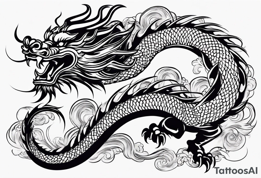 Create a detailed sketch of a Chinese dragon tattoo. The dragon should be depicted in a dynamic, serpentine pose, with its body coiled and flowing gracefully. Emphasize its ornate features: long, sinuous body covered in intricate scales, powerful claws, and a fierce, expressive face with prominent whiskers and a beard. Include traditional Chinese elements like clouds or waves to enhance the composition. Use clean lines and bold shading to ensure the design is suitable for a tattoo, with a focus on capturing the dragon's majestic and mythical qualities tattoo idea