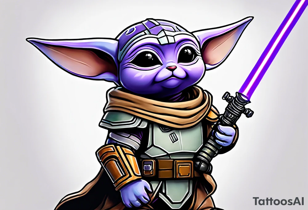 Baby grogu wearing mandalorian armor and a purple lightsaber tattoo idea