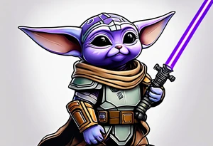 Baby grogu wearing mandalorian armor and a purple lightsaber tattoo idea