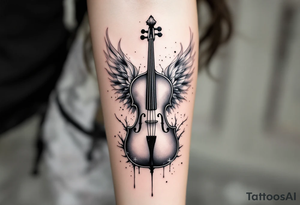 Cello with Wings – A cello in black ink, with soft gray and white wings sprouting from its sides, symbolizing the freedom and soaring beauty of music. tattoo idea