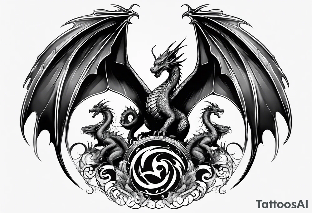 Mother dragon wings spread protecting her three young dragon babies tattoo idea