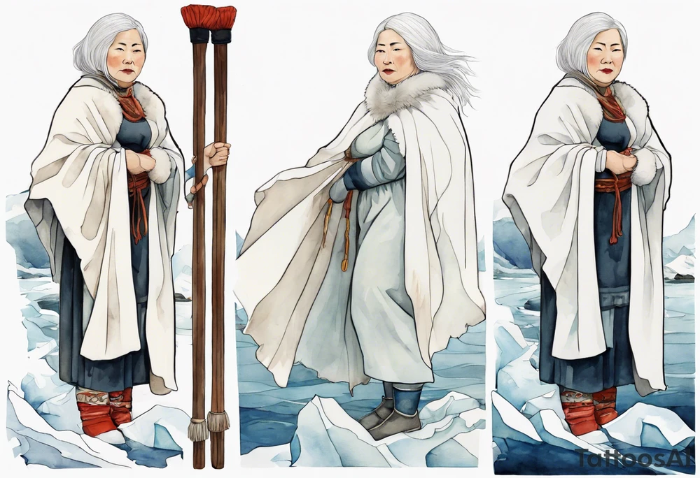 a middle aged Inuit woman with white hair, wearing mittens, wearing a white cloak, holding a white staff, wearing mukluks, standing on an iceberg in the sea tattoo idea