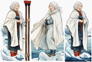 a middle aged Inuit woman with white hair, wearing mittens, wearing a white cloak, holding a white staff, wearing mukluks, standing on an iceberg in the sea tattoo idea