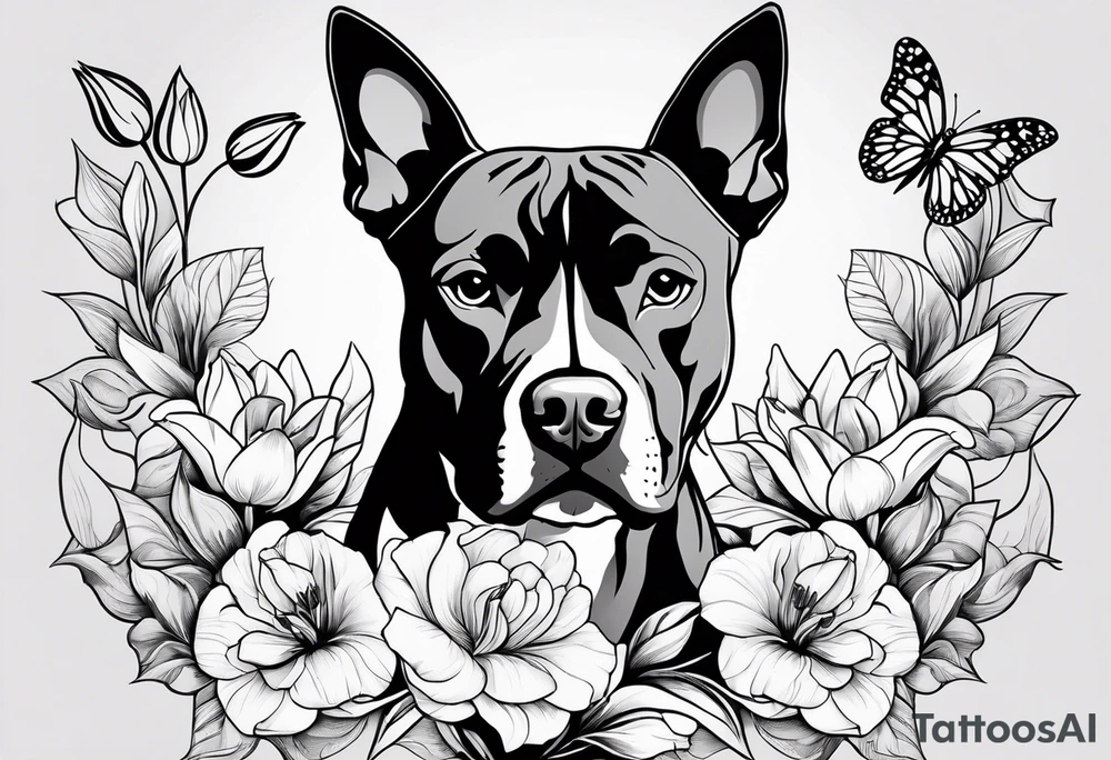 american staffordshire with floral backgrounds and tulips with a butterfly and an amstaff dog. tattoo idea