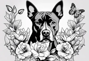 american staffordshire with floral backgrounds and tulips with a butterfly and an amstaff dog. tattoo idea
