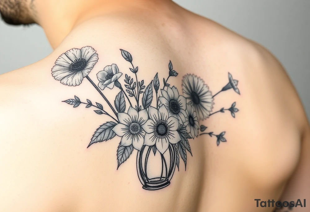 poppy, gladiolus, holly, narcissistic, poinsettia, daisy, and sweet pea arm tattoo in a vase tattoo idea