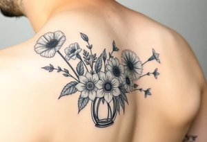 poppy, gladiolus, holly, narcissistic, poinsettia, daisy, and sweet pea arm tattoo in a vase tattoo idea