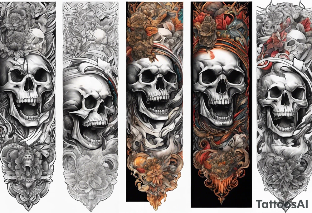 arm sleeve indicating pain, consisting og bones and screaming faces tattoo idea