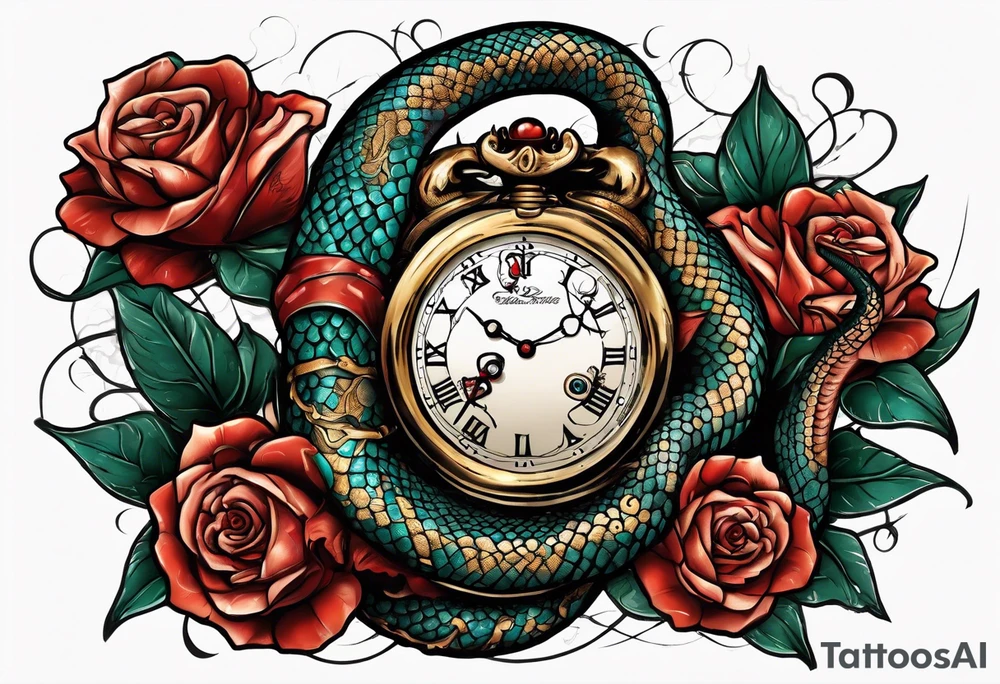 Powerful King cobra wrapped around an old broken watch clock with dead roses all around in the background tattoo idea
