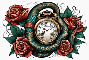 Powerful King cobra wrapped around an old broken watch clock with dead roses all around in the background tattoo idea
