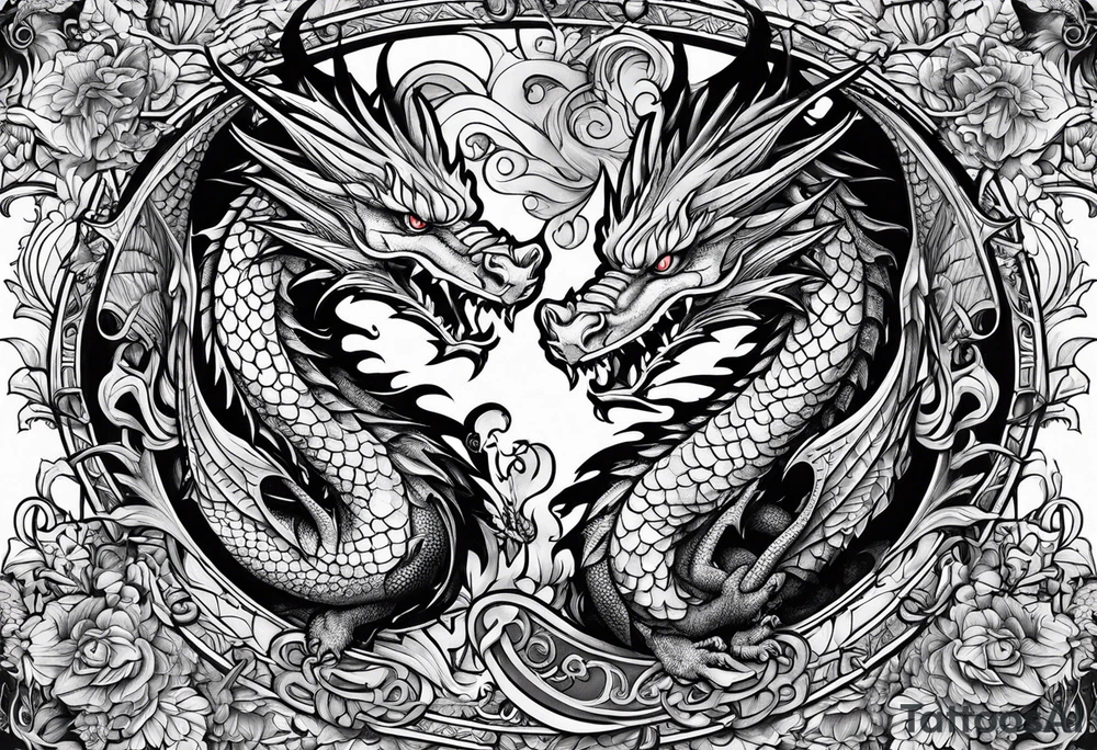 two dragons fine lines tattoo idea