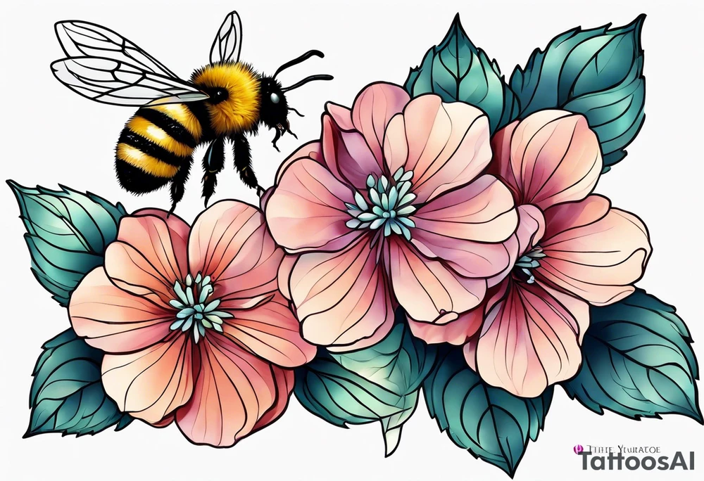 Small tattoo. There’s a hydrangea and a bee but they are not touching. Make the bee smaller than the hydrangea and have the bee off to the side. Bee is smaller than the hydrangea tattoo idea