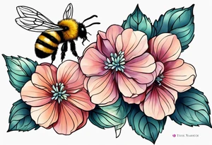 Small tattoo. There’s a hydrangea and a bee but they are not touching. Make the bee smaller than the hydrangea and have the bee off to the side. Bee is smaller than the hydrangea tattoo idea