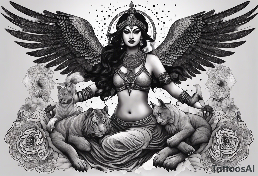 black kali, goddess pirate, alien, angel, pachamama, valkrye, warrior, flying, skull, lotus azul, wing, eagle, zenza resonance, stars, 5D, anahata chakra, death, durga, riding on a tiger, flying lady, kundalini, chest tatoo, samuri, rebel,serpent tattoo idea