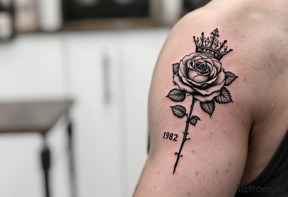long stem rose with a crown  on top and 1982 tattoo idea