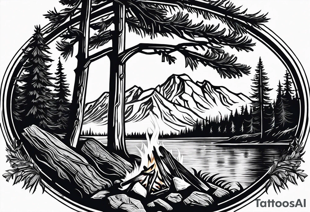 Small campfire on the coast of a mountain stream, in the back is some evergreen tall trees tattoo idea