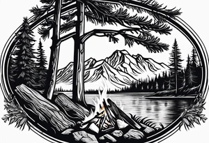 Small campfire on the coast of a mountain stream, in the back is some evergreen tall trees tattoo idea