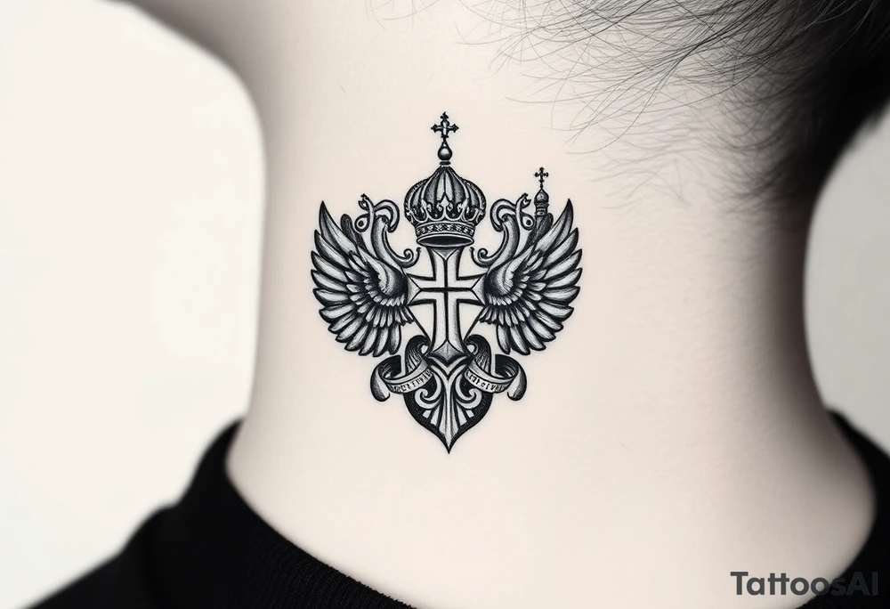 russian coat arms in a russian christian orthodox cross with the cross in the middle with a virgin mary & orthodox dome church on the side of the neck in a wilderness setting tattoo idea